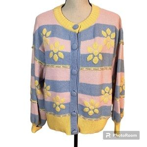 Zara Pastel Flower Jacquard Cardigan Sweater Sz-L